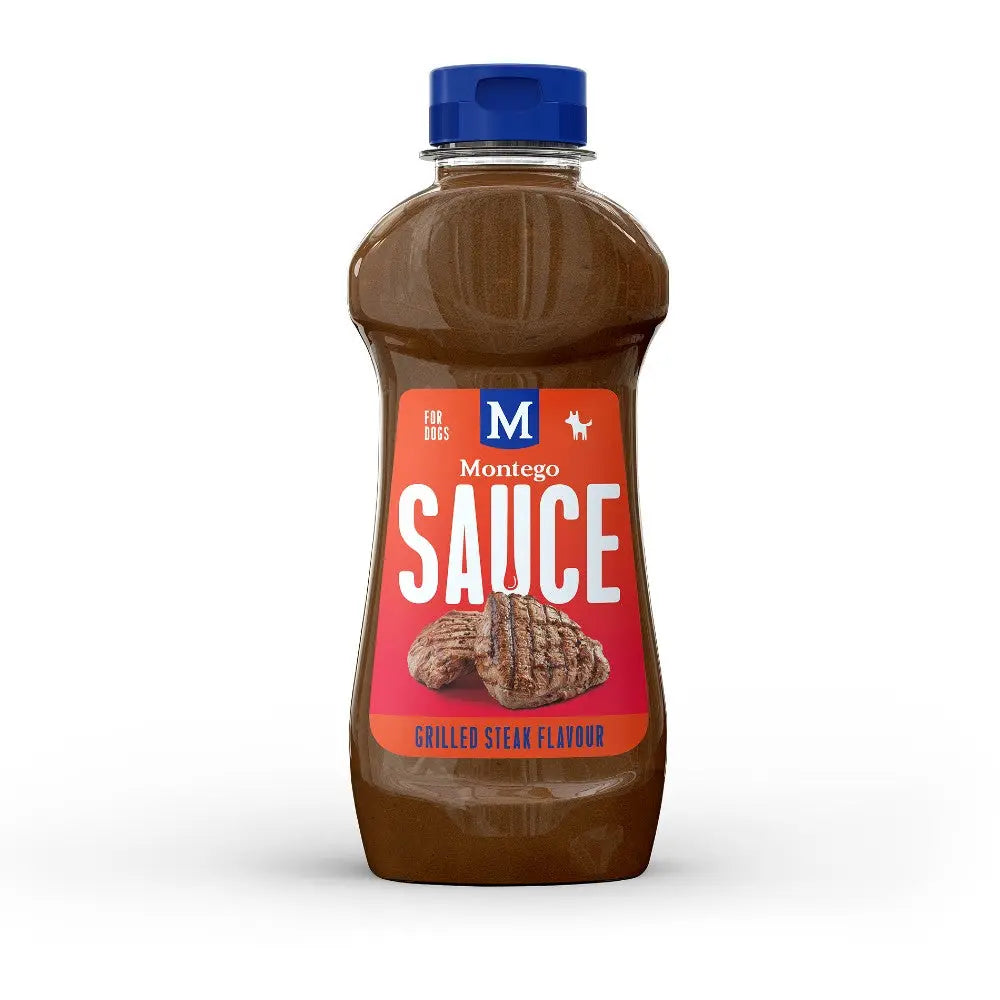 Montego grilled steak flavor sauce for dogs in a convenient squeeze bottle.