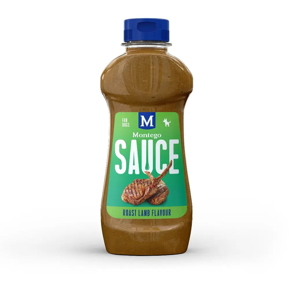 Montego roast lamb flavor sauce for dogs in a convenient squeeze bottle.