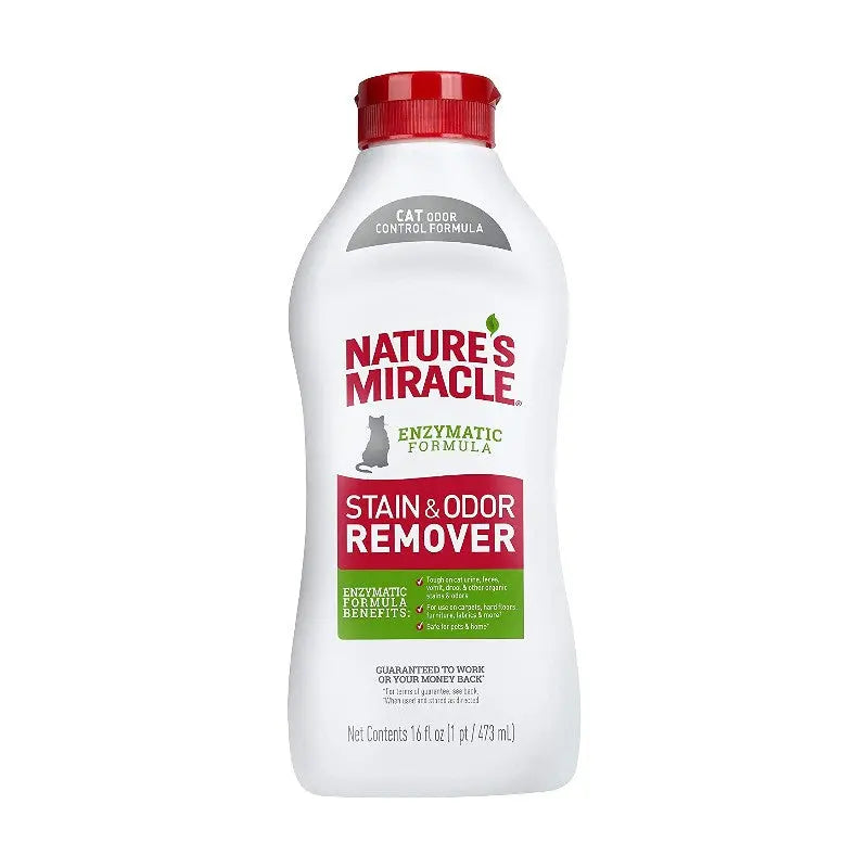 Nature's Miracle enzymatic stain and odor remover for effective pet mess cleanup.