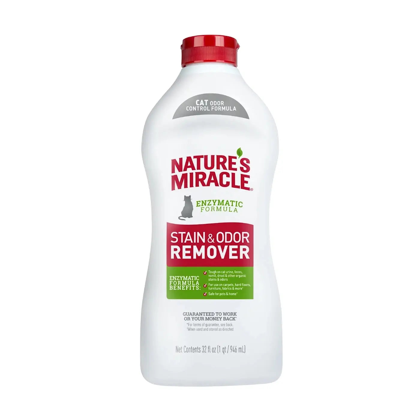 Nature's Miracle enzymatic stain and odor remover for effective cat odor control in a 32 oz bottle.