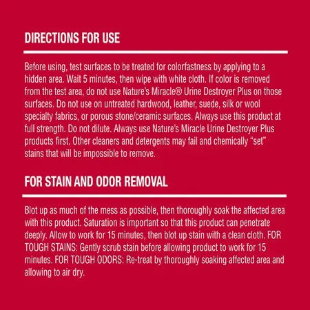 Instructions for using Nature's Miracle Urine Destroyer for stain and odor removal on various surfaces.