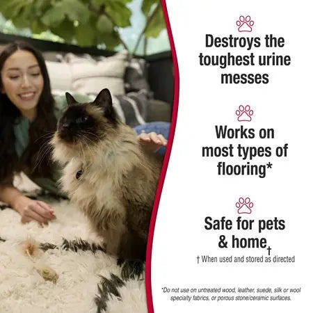 Cat urine cleaner, effective on various floors, safe for pets and home use, with user-friendly instructions.