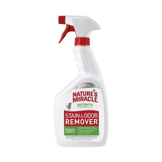 Nature's Miracle enzymatic stain and odor remover spray for effective pet mess cleanup.