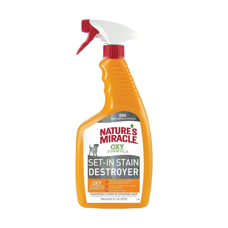 Nature's Miracle Oxy Set-In Stain Destroyer spray for effective pet stain removal.