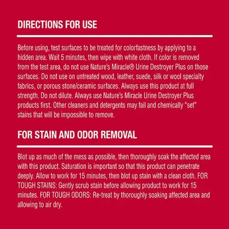Instructions for using Nature's Miracle Urine Destroyer Plus for stain and odor removal on various surfaces.