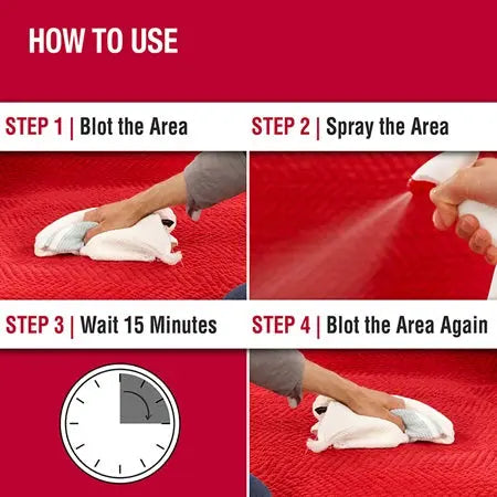 Step-by-step guide for cleaning stains on fabric with spray and blotting technique.