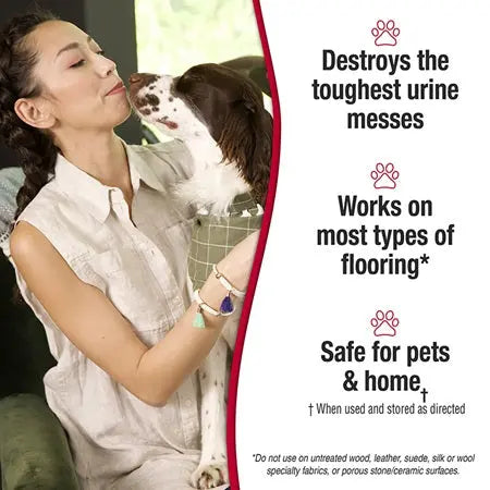 Woman cuddling a dog while promoting a pet stain remover for various flooring types.