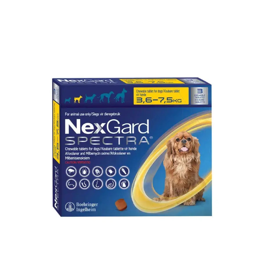 NexGard Spectra chewable tablets for dogs, effective flea and tick prevention, 3.6-7.5 kg weight range.