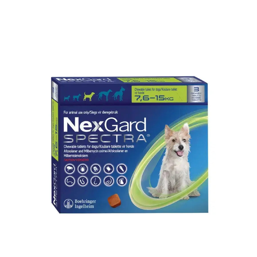 NexGard Spectra chewable tablets for dogs, effective flea and tick prevention, suitable for 7.6-15 kg pets.