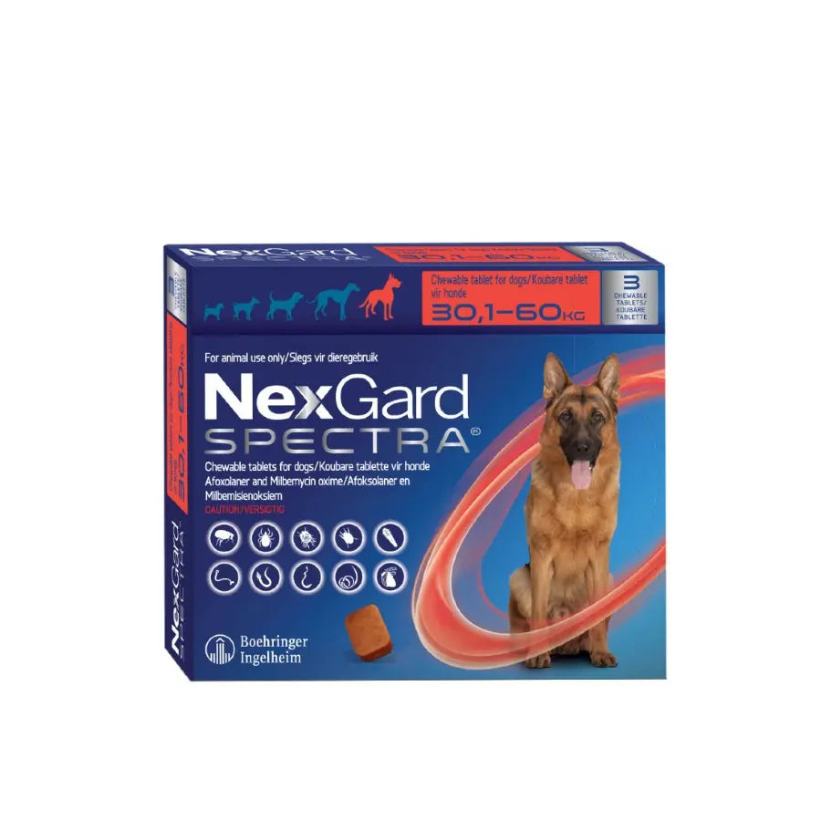 NexGard Spectra chewable tablets for dogs, effective flea and tick prevention, suitable for 30.1-60 kg dogs.