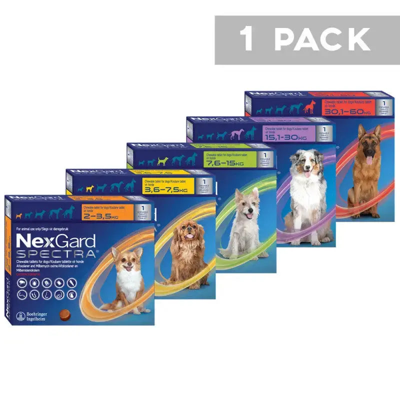 NexGard Spectra dog treatment packs for various weight ranges, featuring colorful packaging and pet images.
