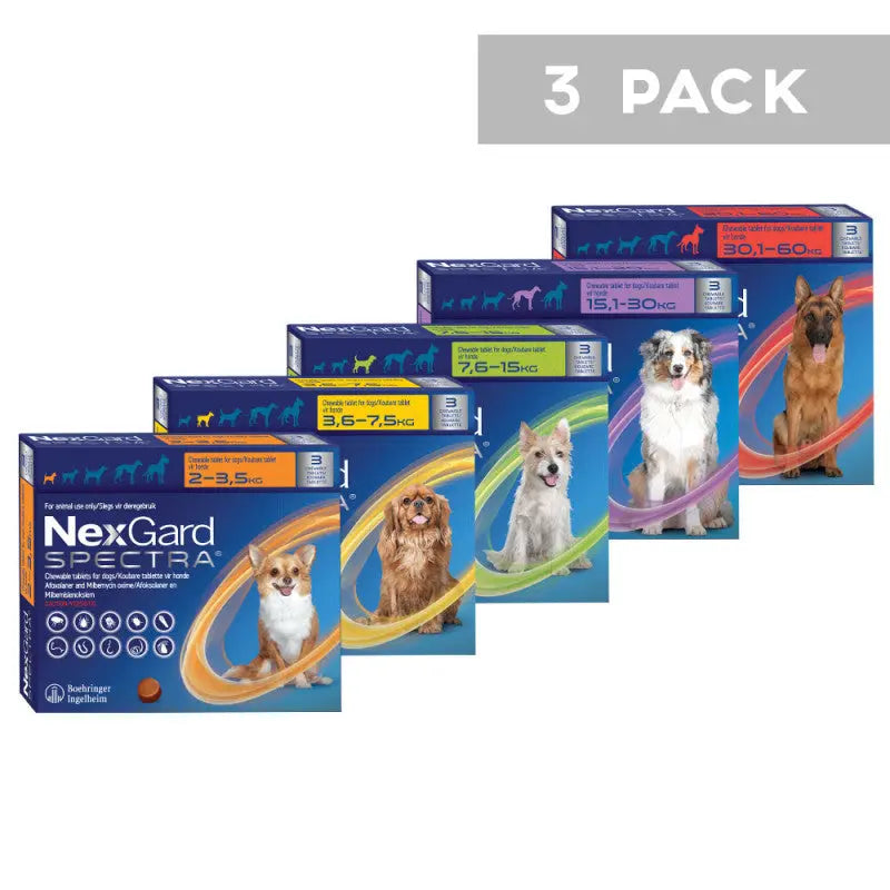NexGard Spectra 3-pack for dogs, featuring various weight ranges and colorful packaging.