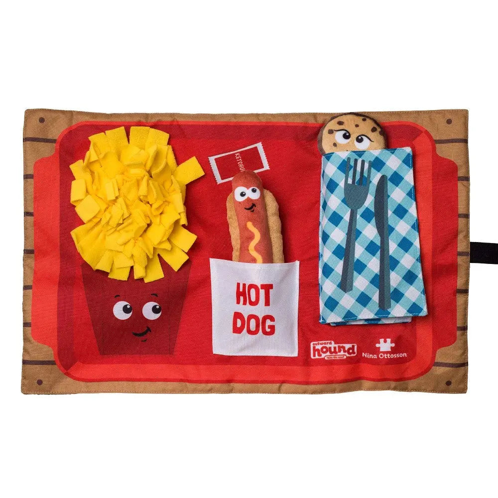 Interactive dog toy featuring a hot dog, fries, and cookie for playful engagement and mental stimulation.