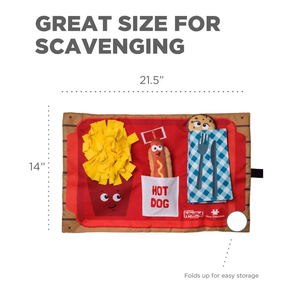 Dog toy mat featuring hot dog, fries, and cookie for interactive play and easy storage.