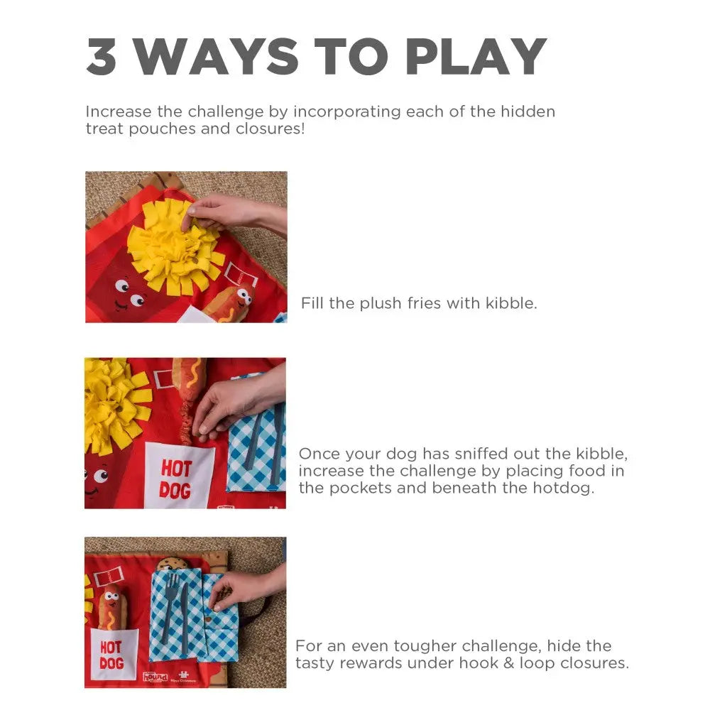 Interactive dog toy play guide with hidden treat pockets and closures for added challenge.
