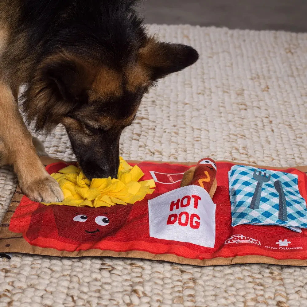Dog playing with a colorful interactive puzzle mat featuring food-themed toys and textures.