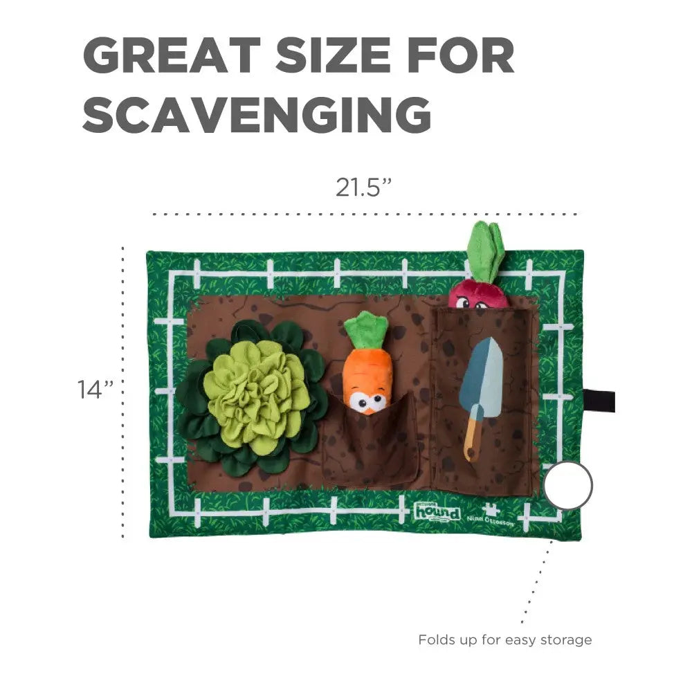 Plush garden play mat with vegetables and tools for interactive pet scavenging fun.