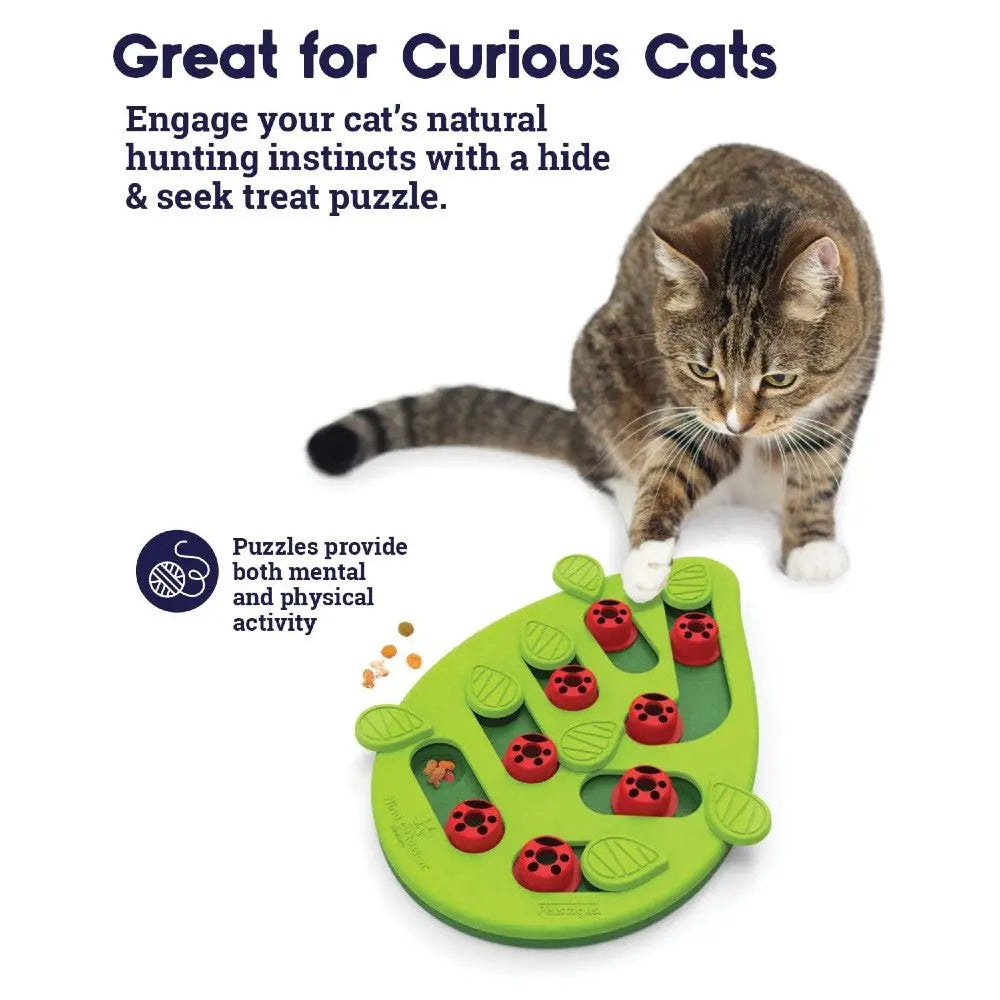 Interactive cat puzzle toy for mental stimulation and natural hunting instincts.