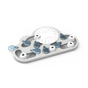 Interactive cloud-shaped pet feeder with removable water droplets for engaging feeding experience.