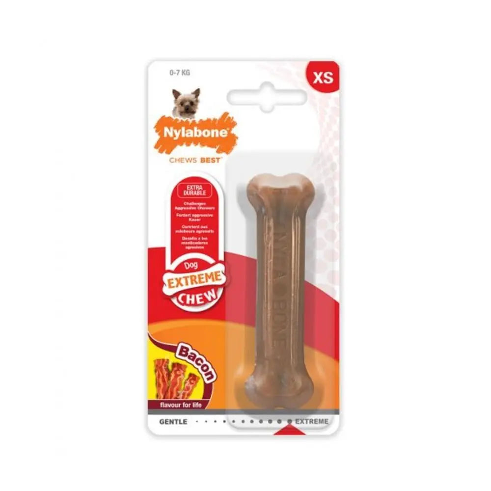 Nylabone extreme chew toy for small dogs, bacon flavor, durable and long-lasting dental care.