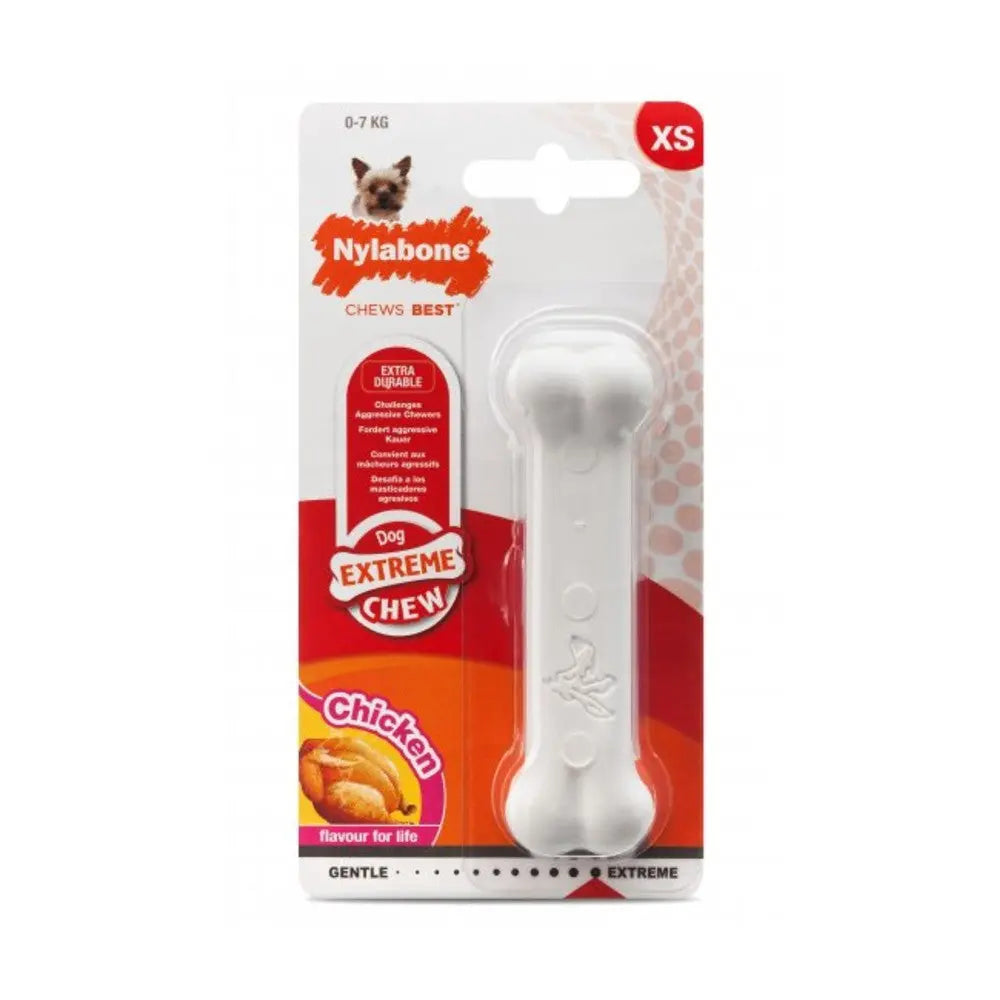 Nylabone Extreme Chew toy for small dogs, chicken flavor, durable and safe for aggressive chewers.