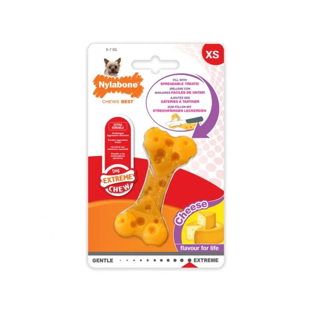 Nylabone Extreme Chew toy in cheese flavor for dogs, designed for tough chewers and long-lasting fun.