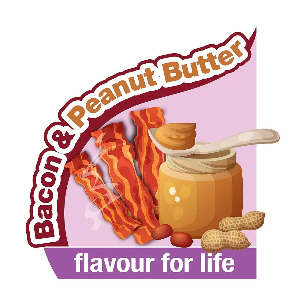 Bacon and peanut butter jar with crispy bacon strips, promoting a unique flavor combination.