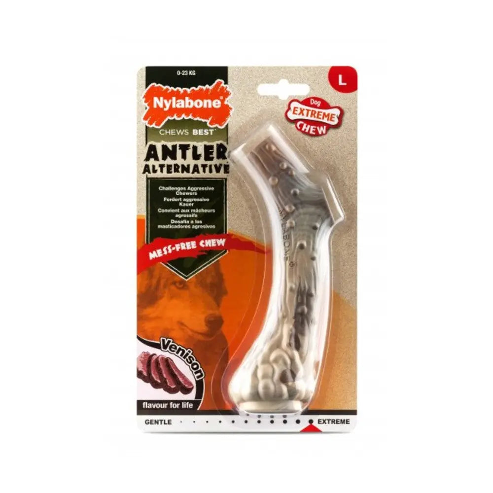 Nylabone antler alternative chew toy for dogs, mess-free, with a flavor of venison for extreme chewers.