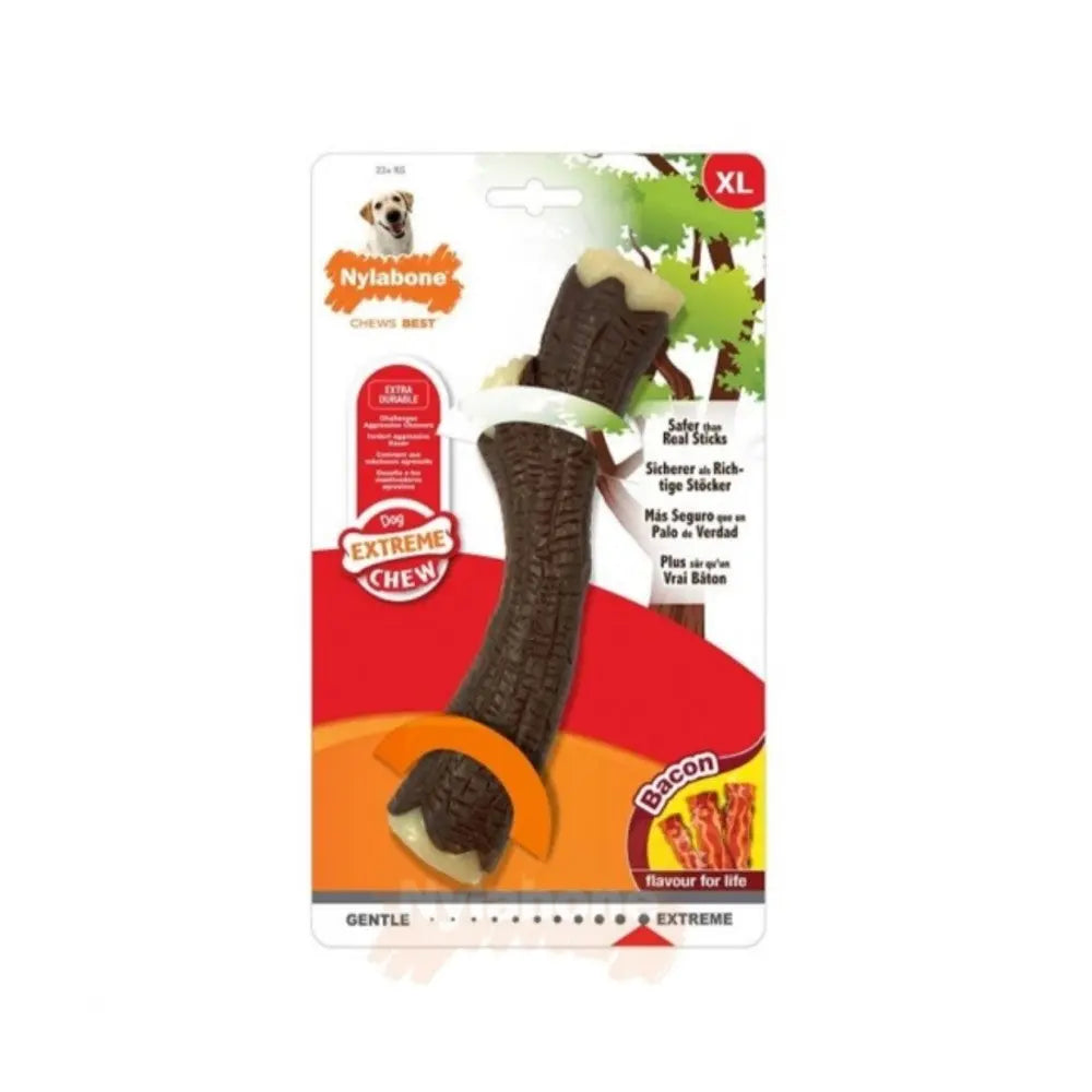Nylabone extreme chew toy for dogs, bacon flavor, durable and safe for aggressive chewers.