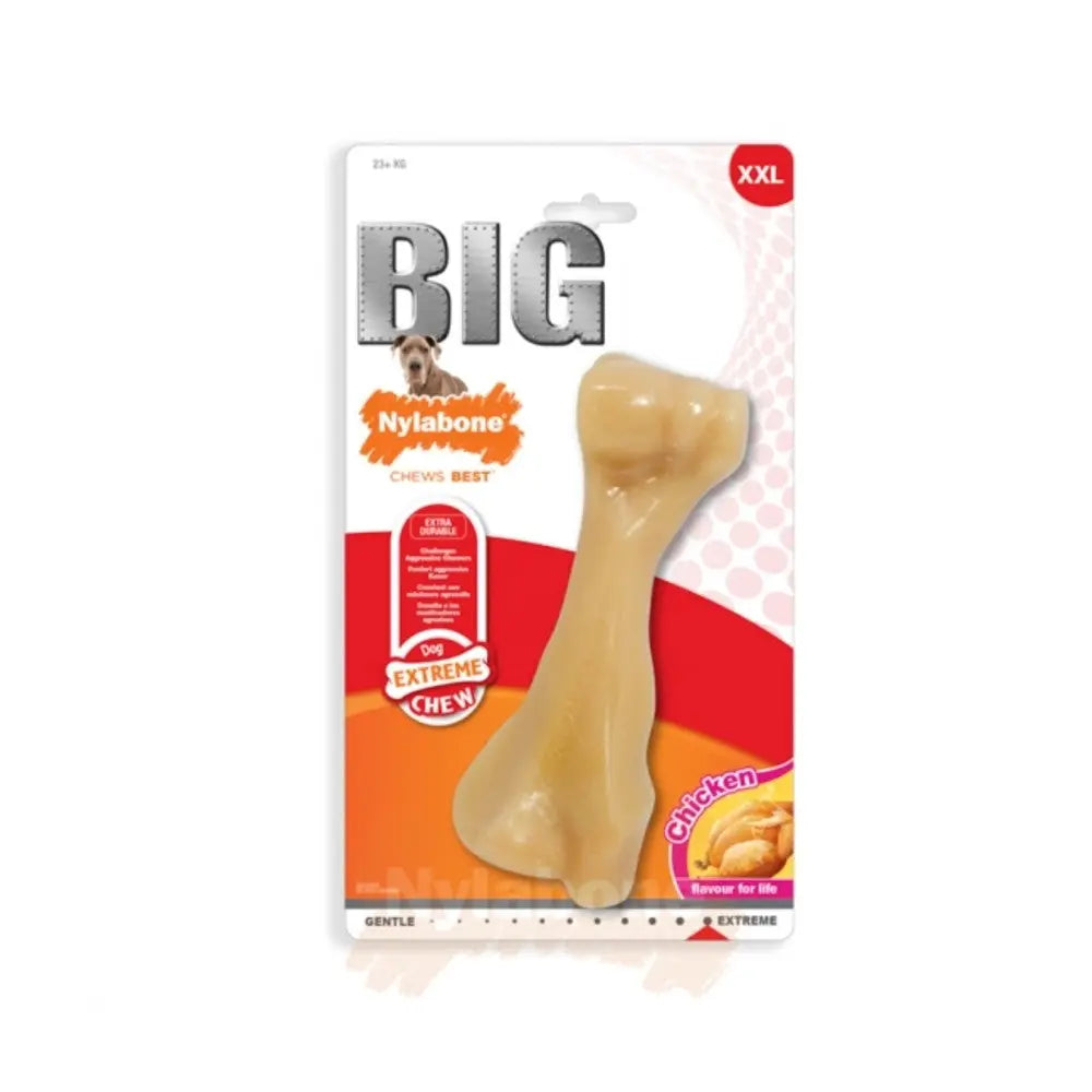 Nylabone Big Chew Toy for dogs, chicken flavor, designed for extreme chewers, XXL size packaging.