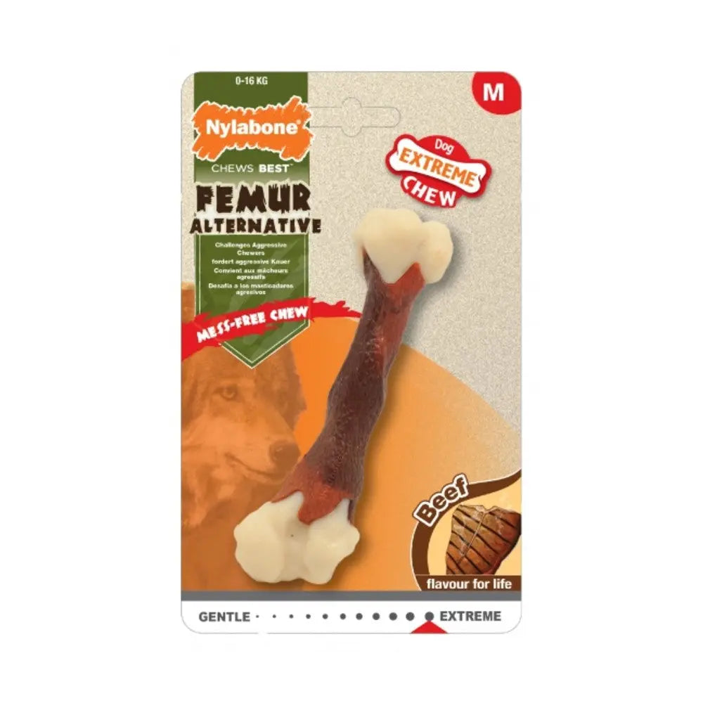 Nylabone Extreme Chew toy for dogs, beef flavor, mess-free femur alternative, ideal for aggressive chewers.
