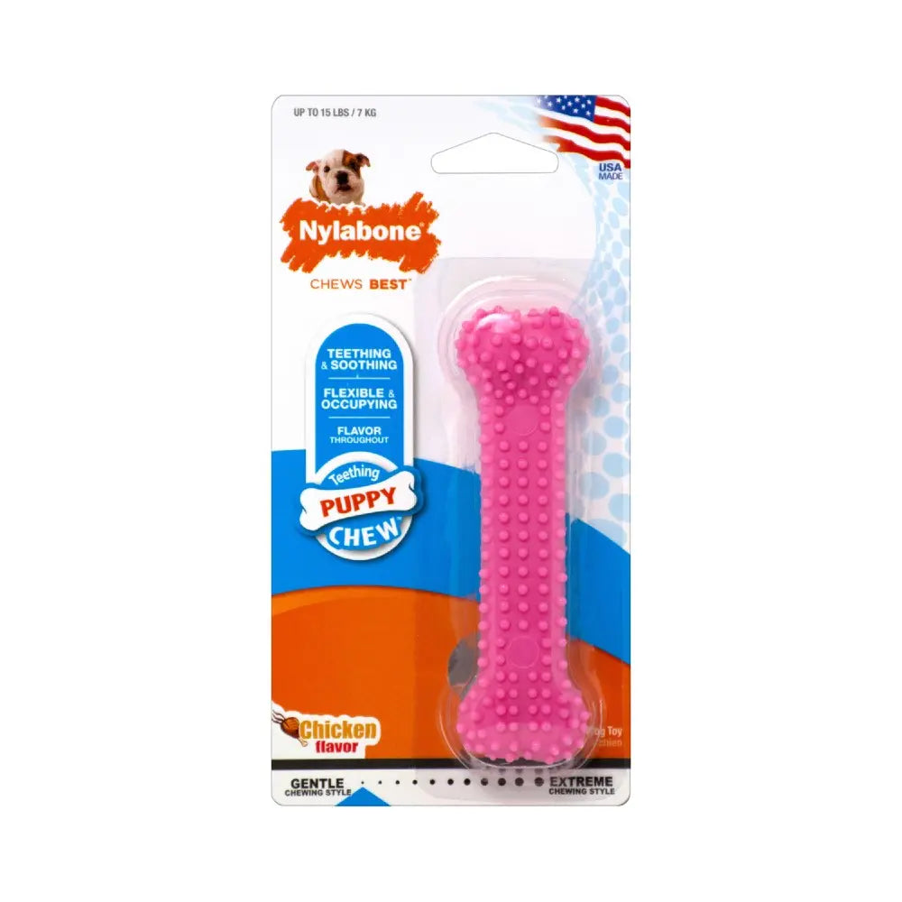 Pink Nylabone puppy chew toy for teething, flexible, and chicken-flavored for playful dogs.
