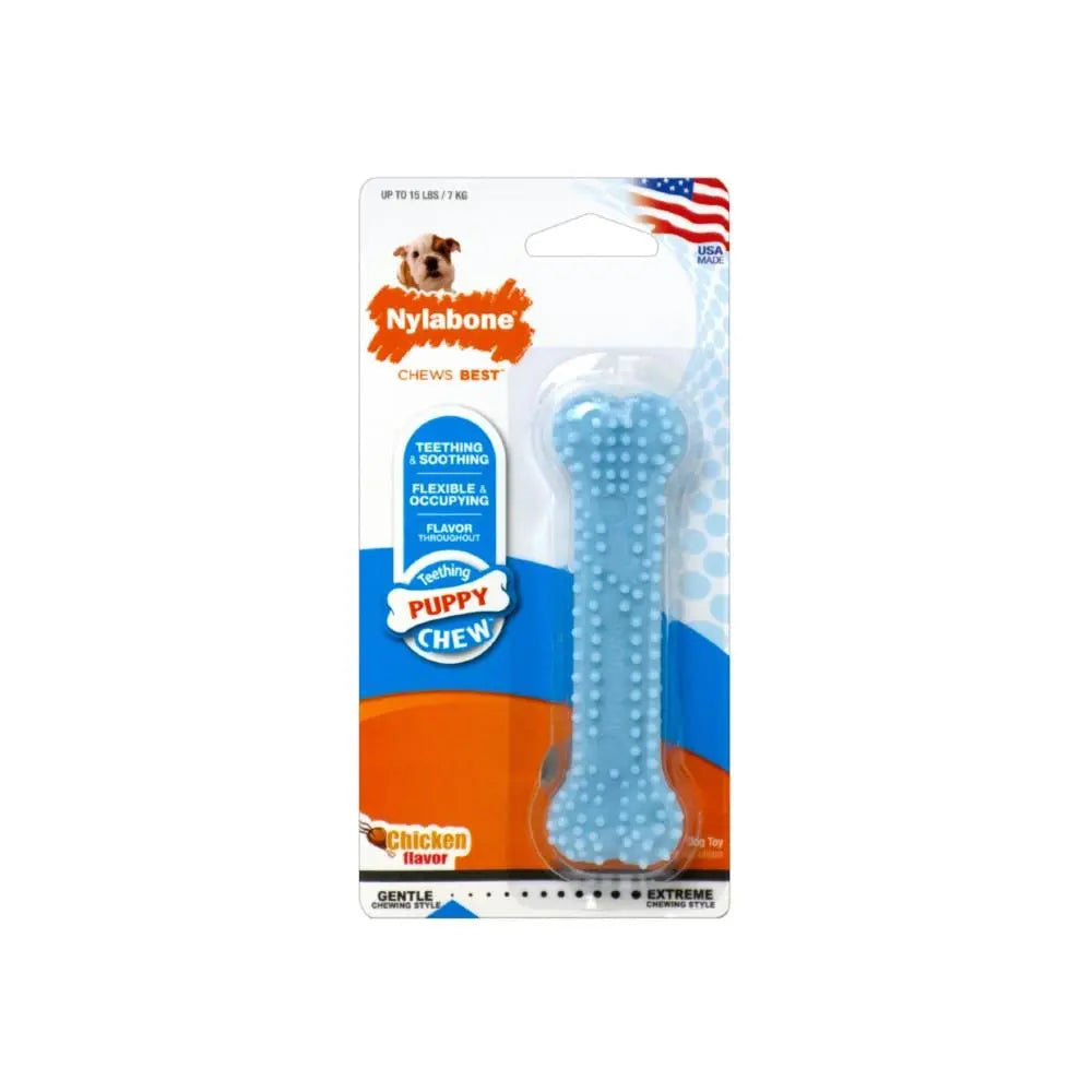 Nylabone puppy chew toy in blue, designed for teething with a chicken flavor.