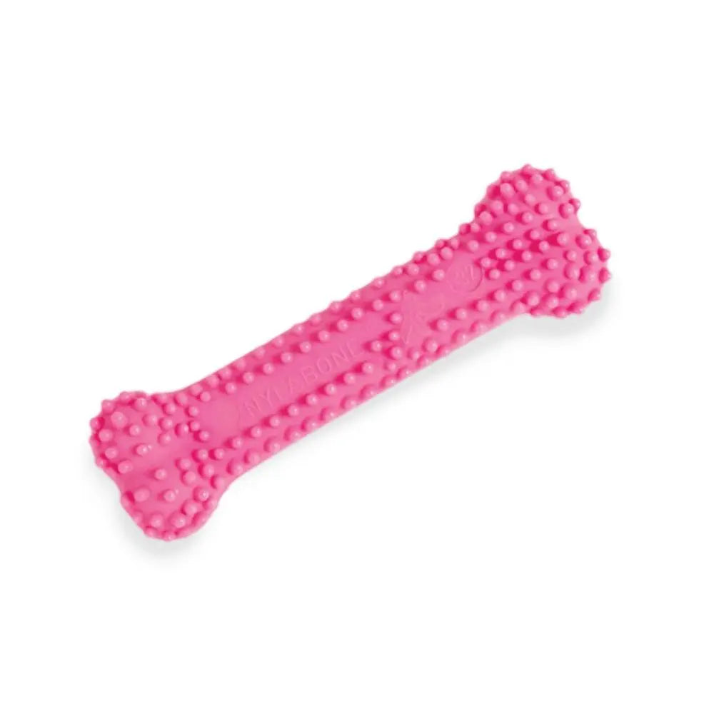 Pink rubber dog chew toy with textured surface for dental health and playtime fun.
