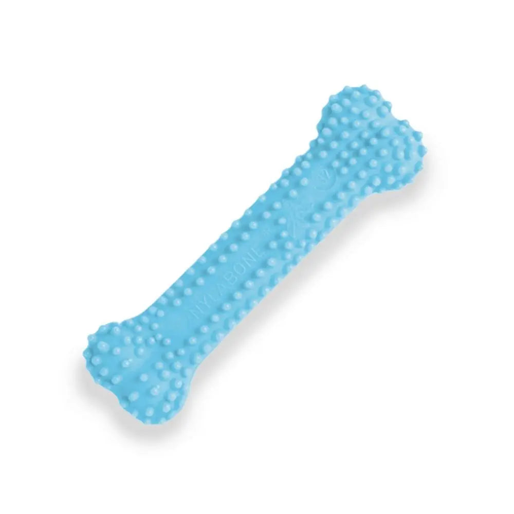 Blue rubber dog chew toy with textured surface for dental health and playtime fun.