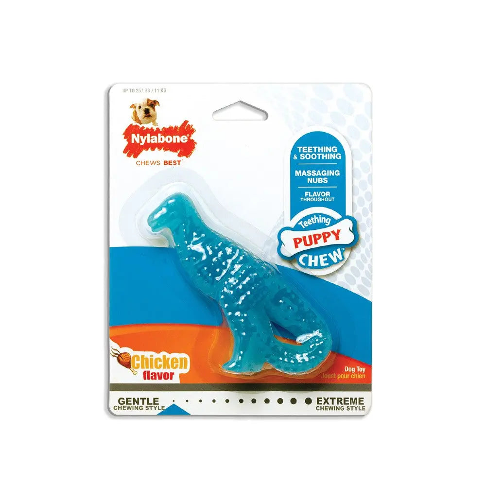 Nylabone chicken-flavored puppy chew toy for teething and soothing, featuring massaging nubs.