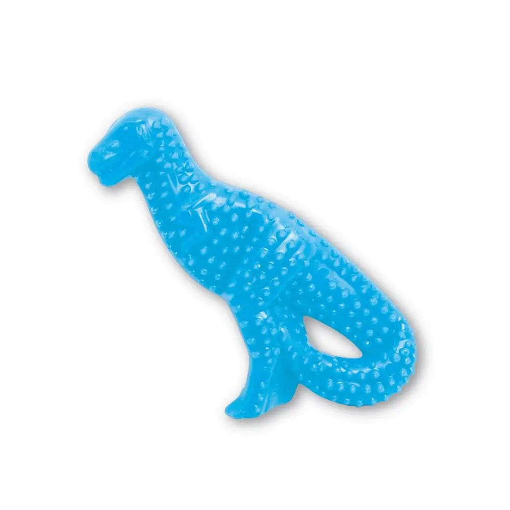 Blue dinosaur-shaped rubber toy for playful pet entertainment and chewing.