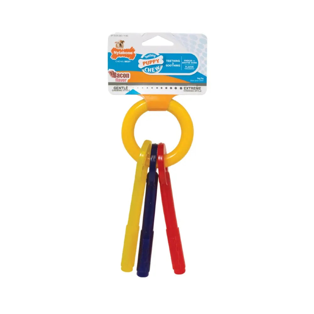 Colorful puppy chew toy set with three rings for teething and playtime fun.