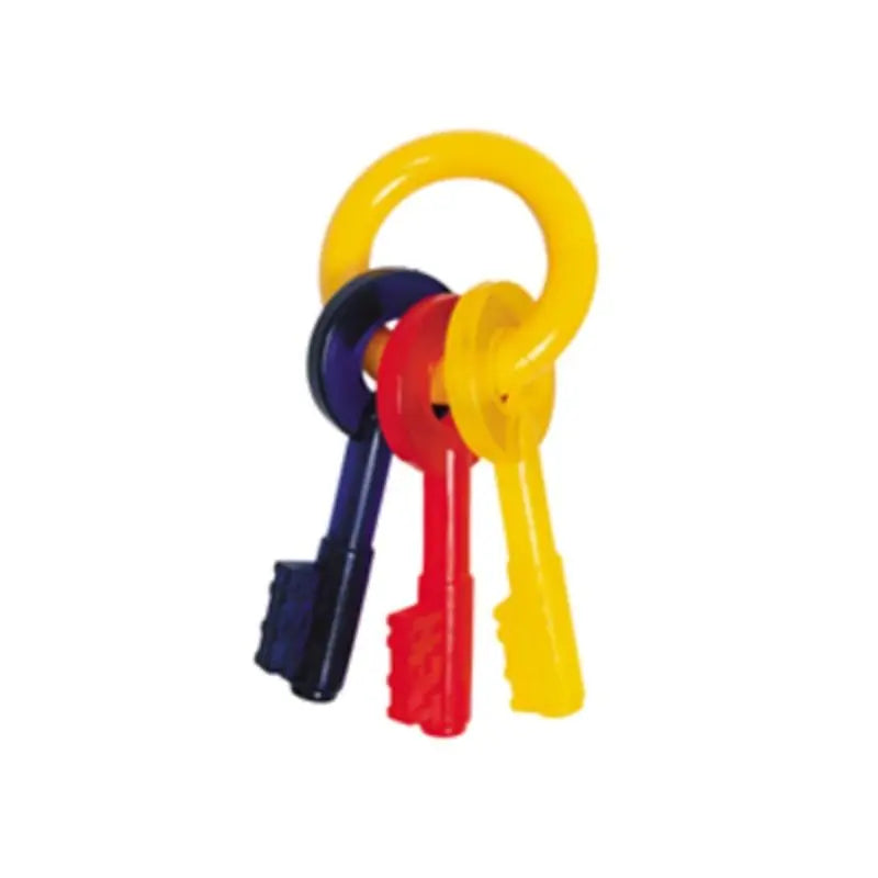 Colorful plastic keys on a ring, perfect for toddlers' play and motor skill development.