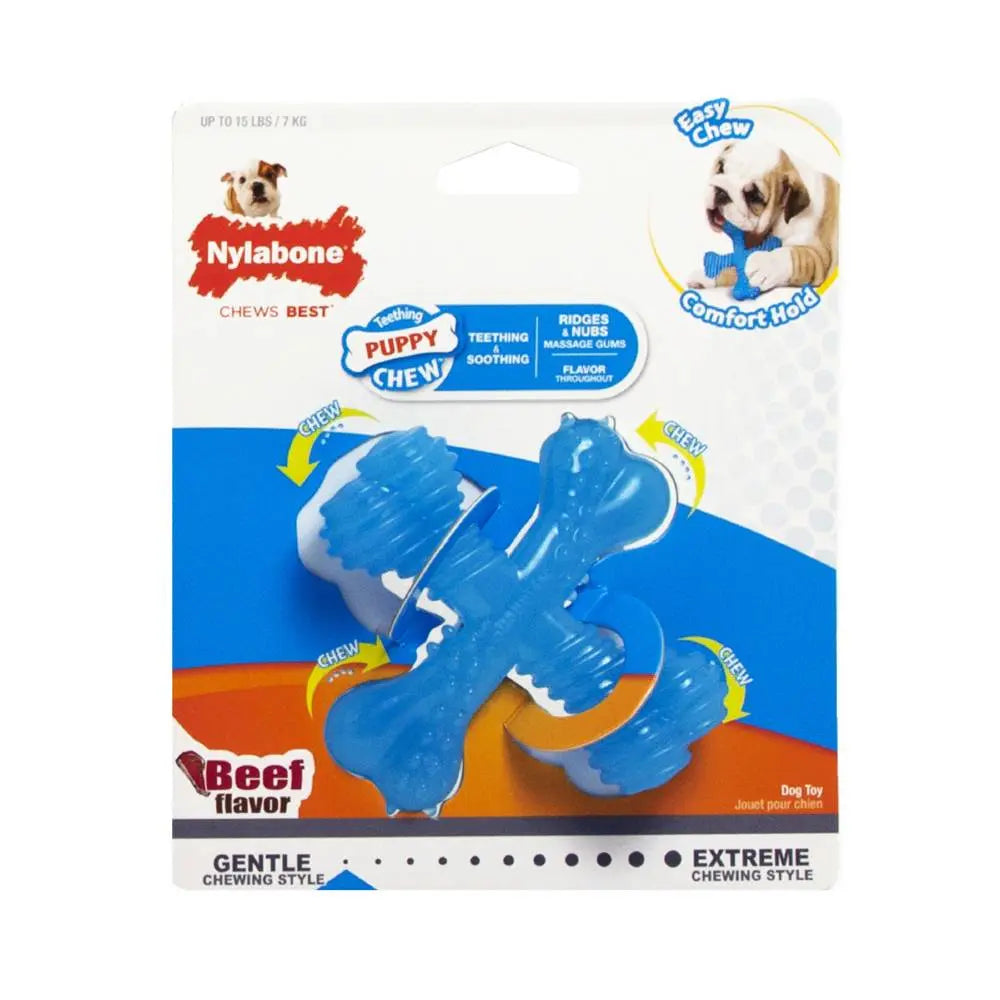 Nylabone puppy chew toy in blue, designed for teething and soothing gums with a beef flavor.