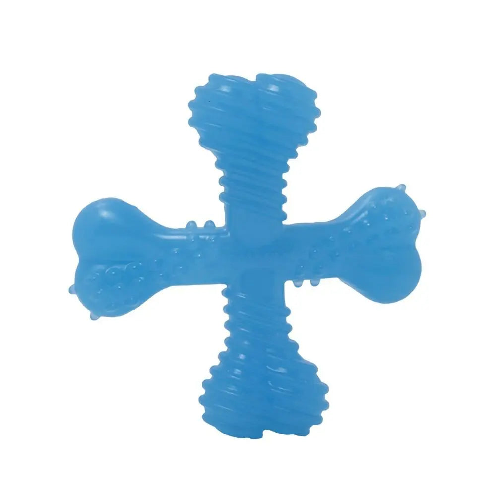 Blue dog chew toy shaped like a cross, designed for dental health and playtime fun.