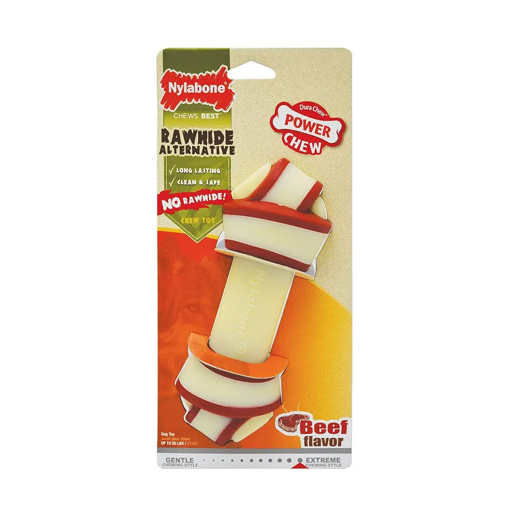 Nylabone Power Chew toy in beef flavor, designed for long-lasting chewing and dental health.