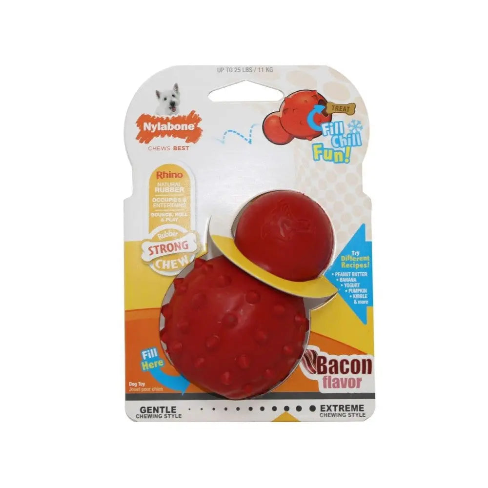 Nylabone bacon-flavored chew toy for strong chewers, perfect for filling and chilling fun.