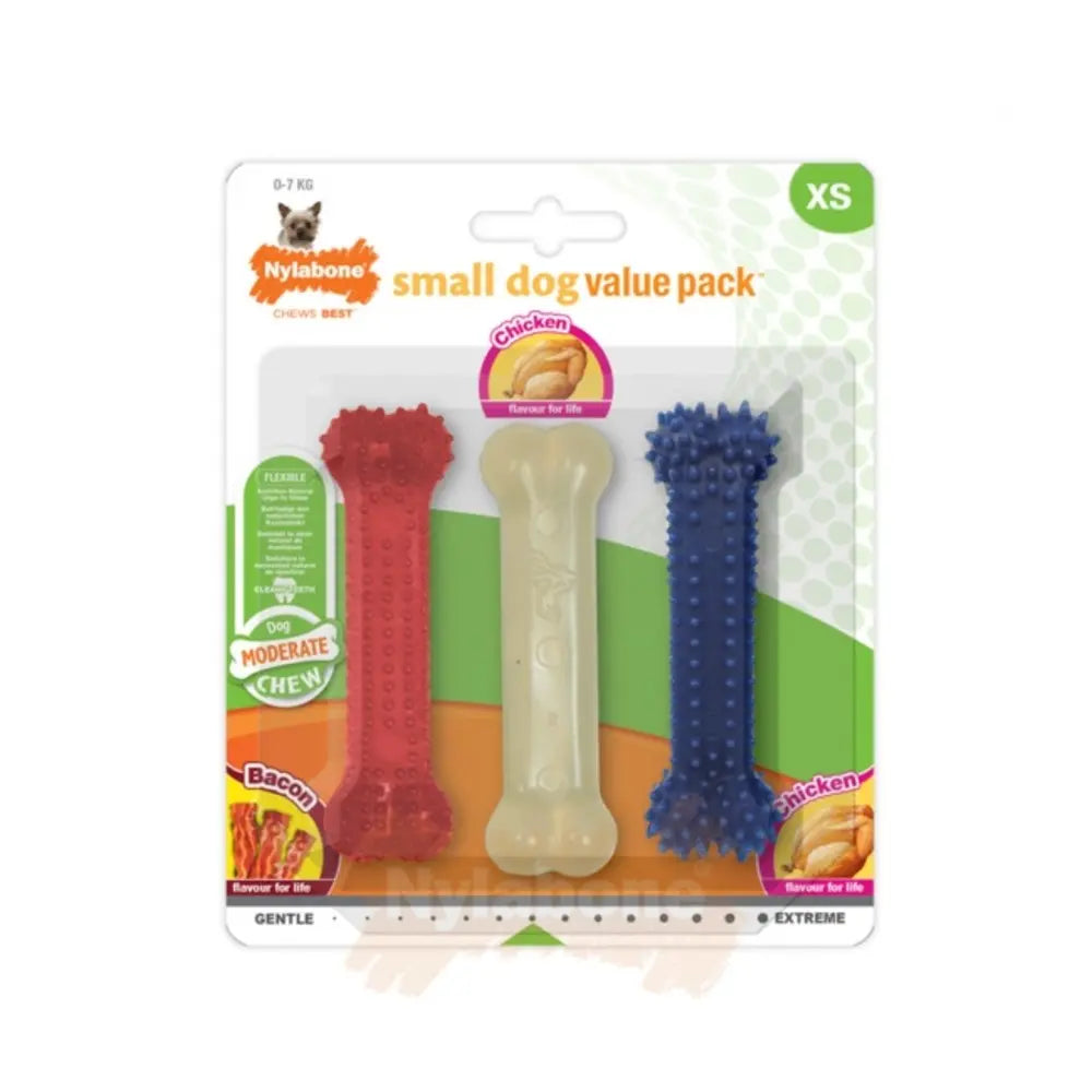Nylabone small dog value pack with chicken and bacon-flavored chew toys for moderate chewers.