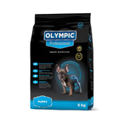 Puppy food bag featuring Olympic Professional brand, 8 kg, with smart nutrition benefits for growing dogs.