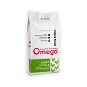 Omega adult dog food bag, rich in chicken, designed for optimal nutrition and health.