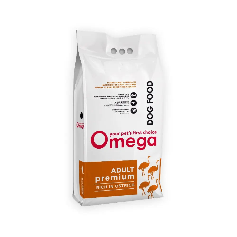 Premium dog food bag featuring Omega brand, rich in ostrich, designed for adult pets.