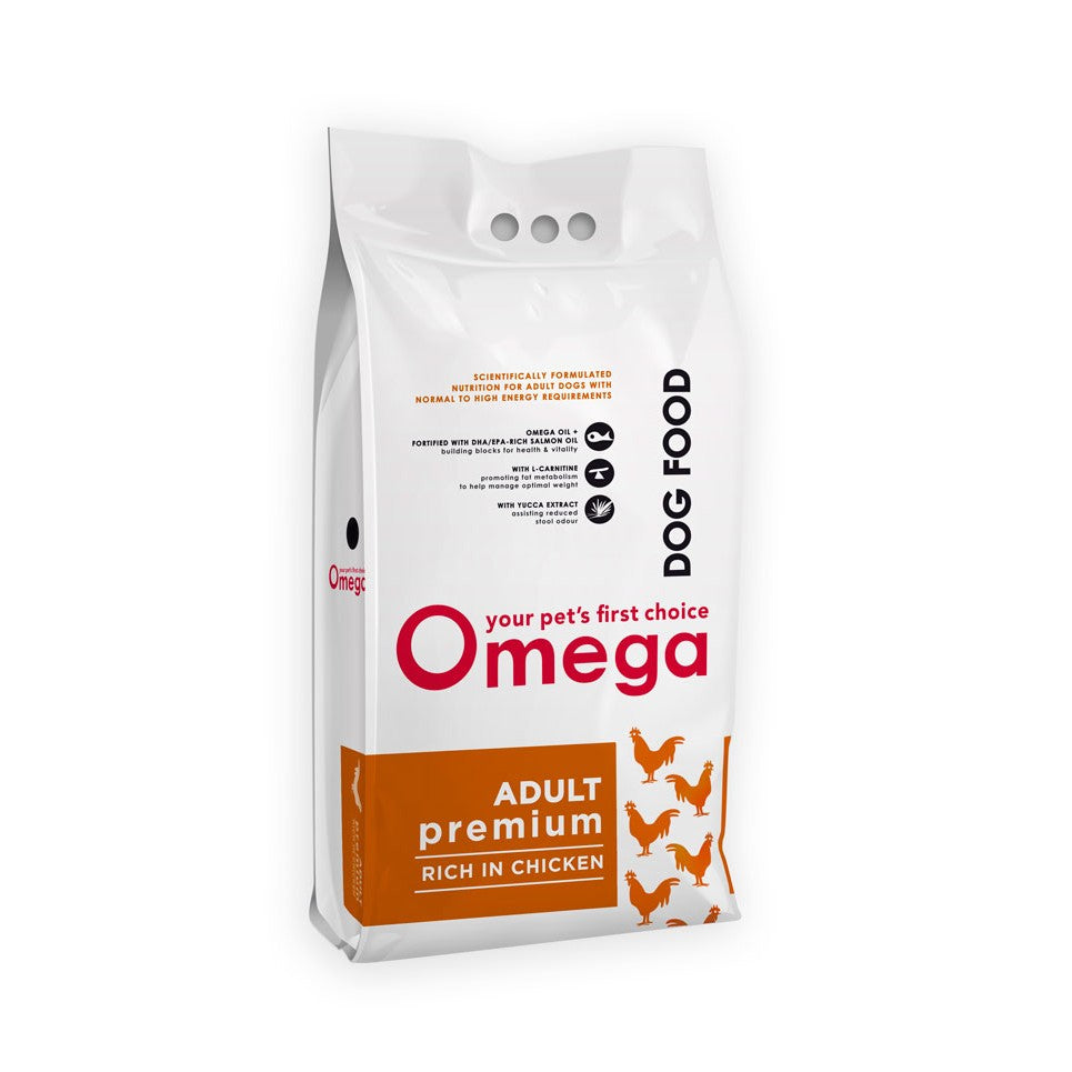 Omega Adult Premium Rich in Chicken Dog Food – front of bag packaging (South Africa)