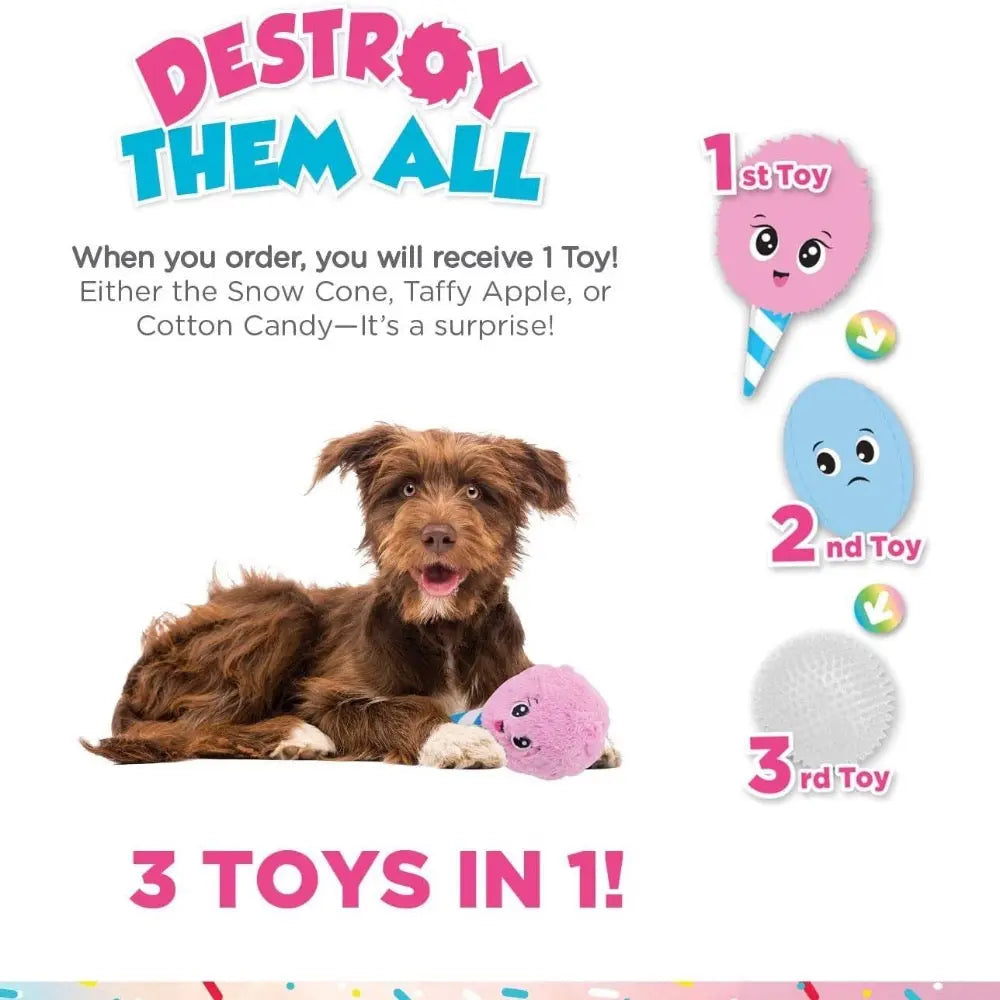 Dog playing with colorful toys, featuring a surprise selection of three fun options.