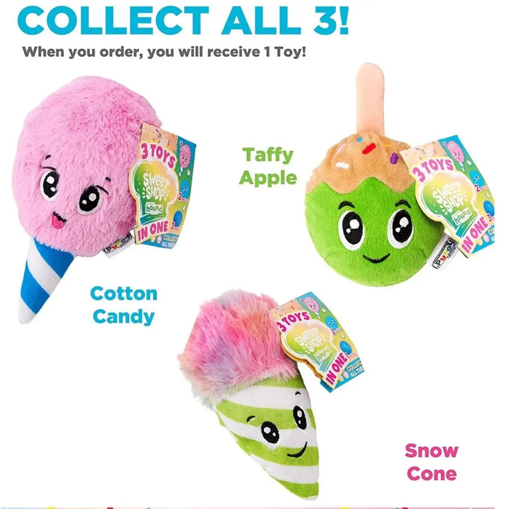 Plush toy collection featuring cotton candy, taffy apple, and snow cone characters with colorful tags.